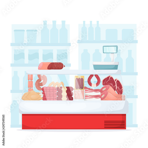 Set of meat product on supermarket fridge. Food store interior Sausege, chiken, bacon, ham and beef. Cartoon vector