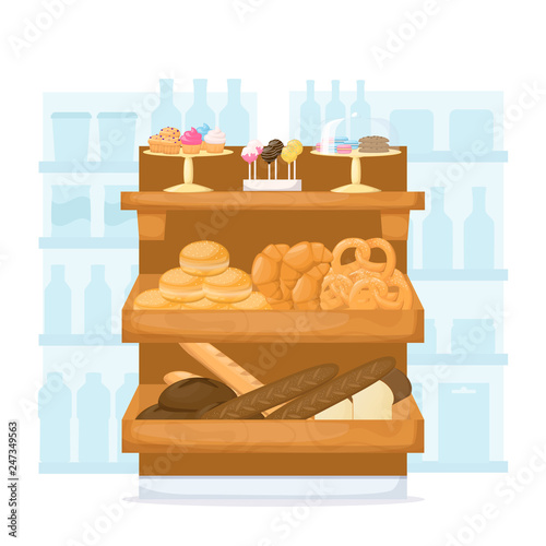 Set of flour product on supermarket shelves. Food store interior. Backery. Bread, baguette, cake, muffin, cakepops and bun. Cartoon vector