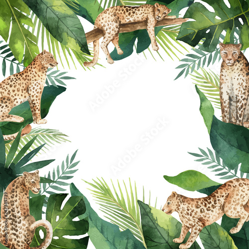 Watercolor vector banner tropical leaves and leopards isolated on white background.