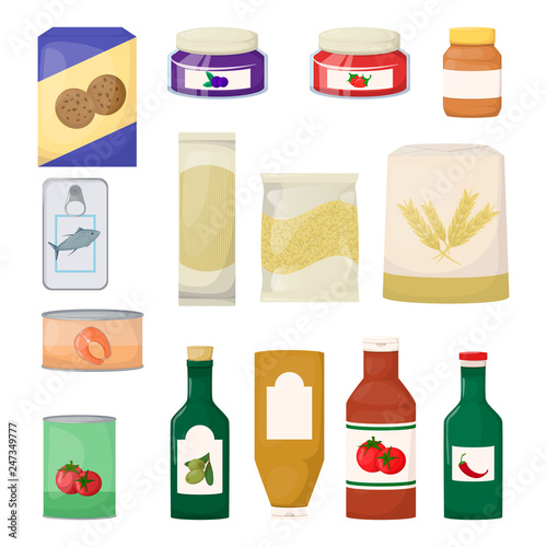 Set of grocery. Product. Jam, oil, pasta, flour, cookie and canned. Cartoon vector