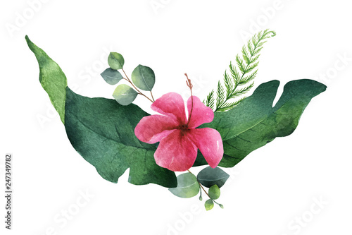 Watercolor vector green wreath tropical leaves and flowers isolated on white ...