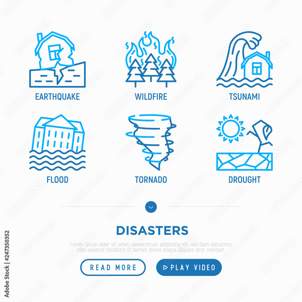 Disasters thin line icons: earthquake, wildfire, tsunami, tornado, hurricane, flood. Vector illustration.