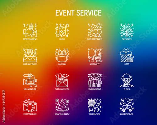 Event services thin line icons set: kids party, gifts, birthday, magician, clown, videographer, party invitation, corporate, fireworks, music, celebration, romatic date. Modern vector illustration.