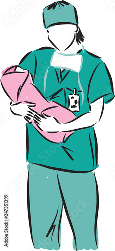 woman doctor with baby newborn illustration