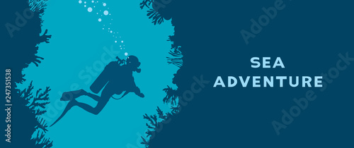 Scuba diver, cave, coral reef