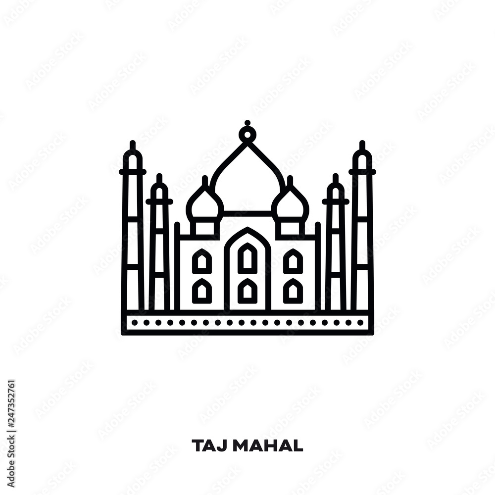 Taj Mahal mausoleum at Agra, India vector line icon.