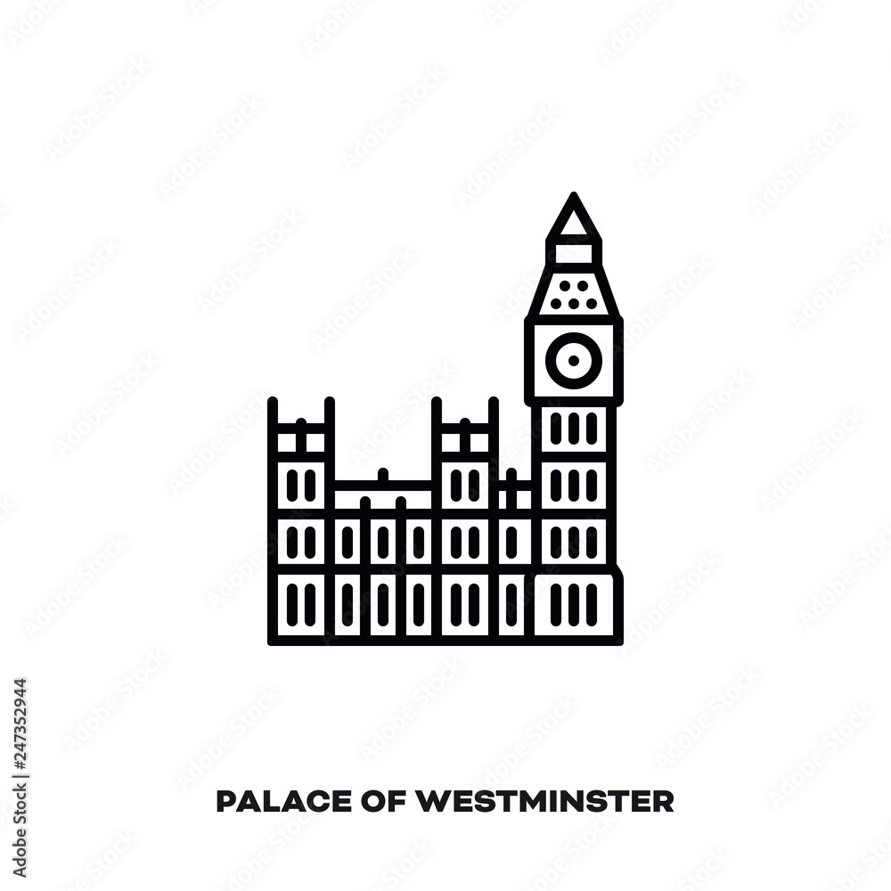 Palace of Westminster with Big Ben at London, England vector line icon.