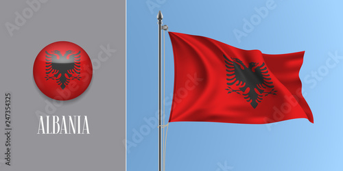 Albania waving flag on flagpole and round icon vector illustration