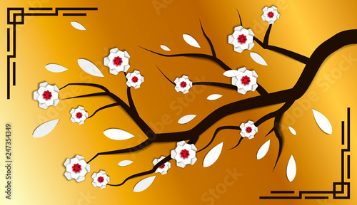 Vector image of a traditional Chinese twig from a tree and white flowers with white petals on a gold background