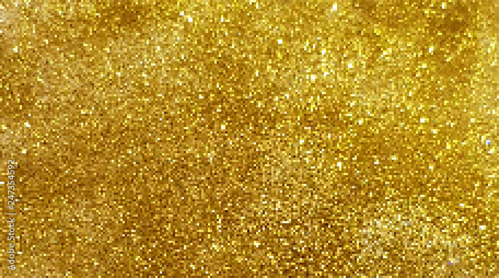Vector gold glitter background, small golden squares, pixel style.