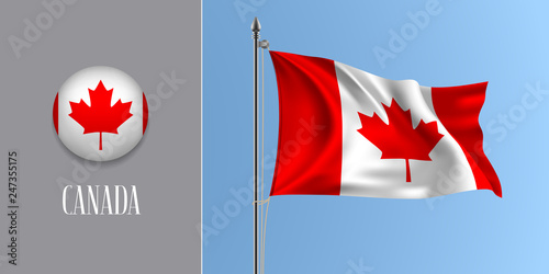 Canada waving flag on flagpole and round icon vector illustration