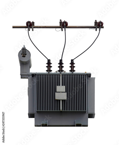Three phase pole mounted corrugated fin hermetically sealed type oil immersed transformer, supporting side, isolated on white background with clipping path