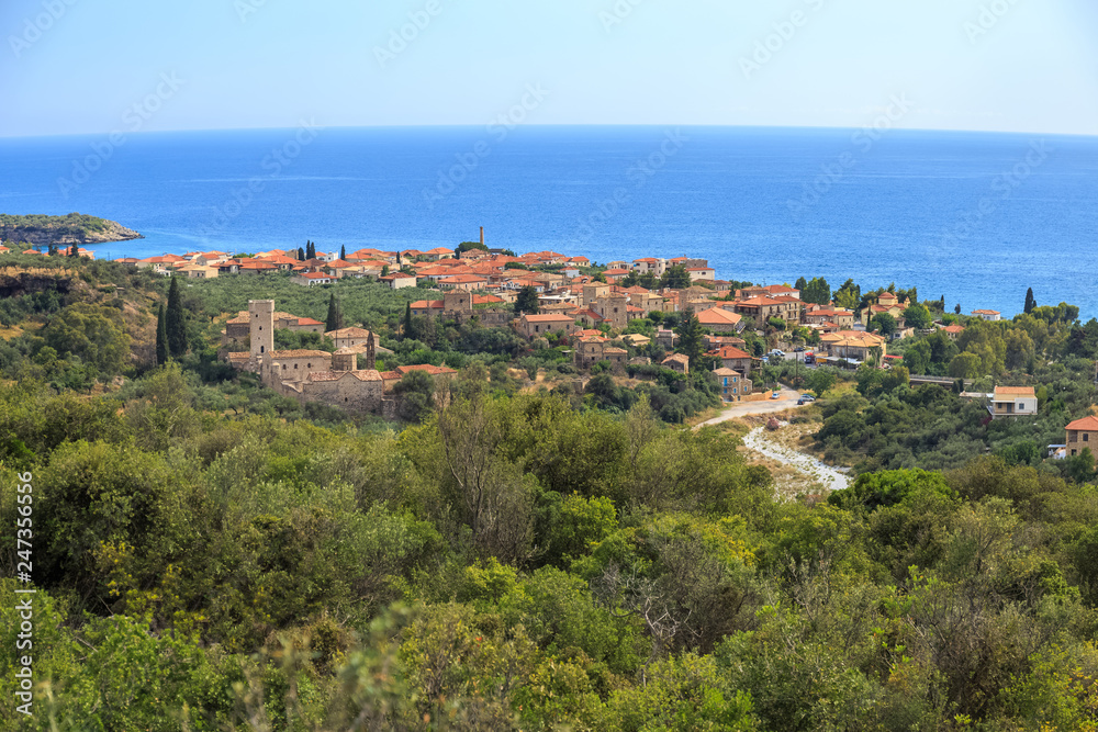 distant view on modern Kardamyli village on Peloponnese