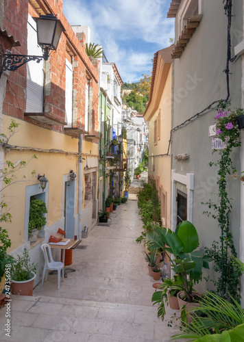 Street with beautiful houses and flowers in the old city of Alicante on a sunny day © Jarmo V