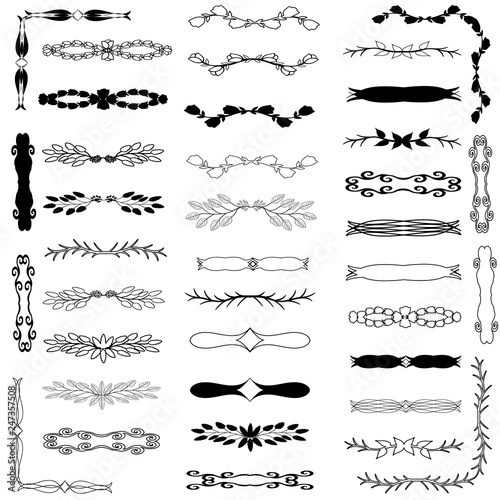 Collection of handdrawn unique swirls and dividers for your design. Set of decorative dividers, borders, swirls, dividing and scrolls isolated on white background. Vector illustration for design.