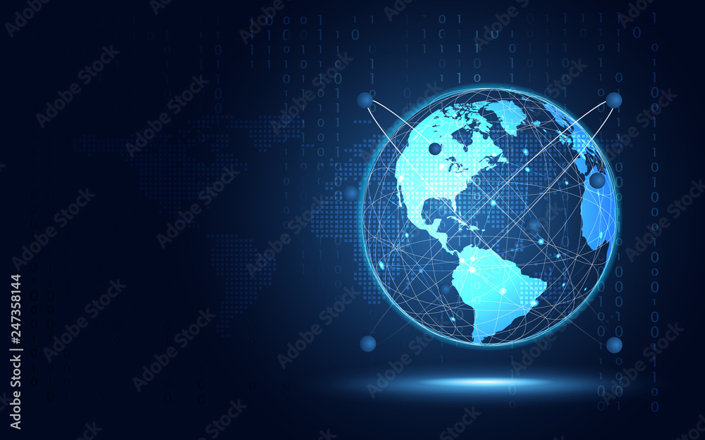 Fototapeta premium Futuristic blue earth abstract technology background. Artificial intelligence digital transformation and big data concept. Business quantum internet network communication concept. Vector illustration