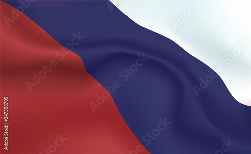Background Russian Flag in folds. Tricolour banner. Pennant with stripes concept up close, standard Rus. Russian Federation illustration. Realistic soft shadows, highlights. Russia Vector