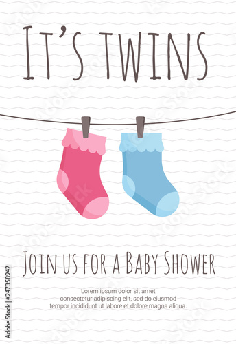 Baby twins arrival and shower invitation template with pink and blue toddler socks hanging on pins.