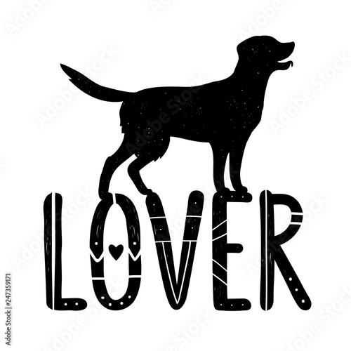 Vector illustration with retriever silhouette and lettering word - Lover. Apparel print design, black and white typography poster, home decoration with grunge dots