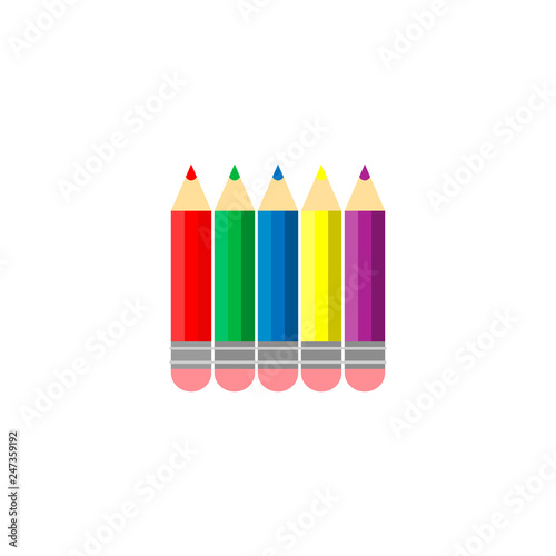 Vector illustration. Set of vector colored pencils with rubber on white background.