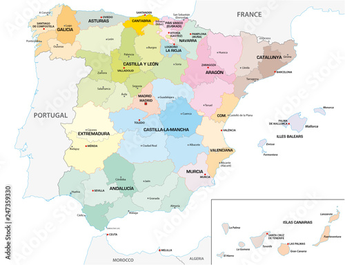 Colored administrative and political vector map of the Spanish provinces and regions