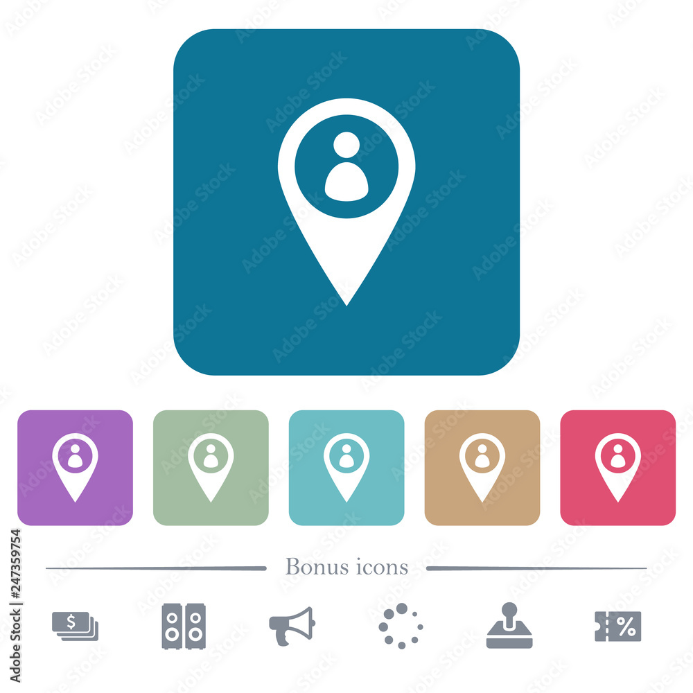 Member GPS map location flat icons on color rounded square backgrounds Member GPS map location flat icons on color rounded square backgrounds