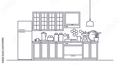 Interior of modern furnished kitchen with appliances, kitchenware, cookware, cooking utensils, facilities, tools and equipment, home decorations. Monochrome vector illustration in line art style.