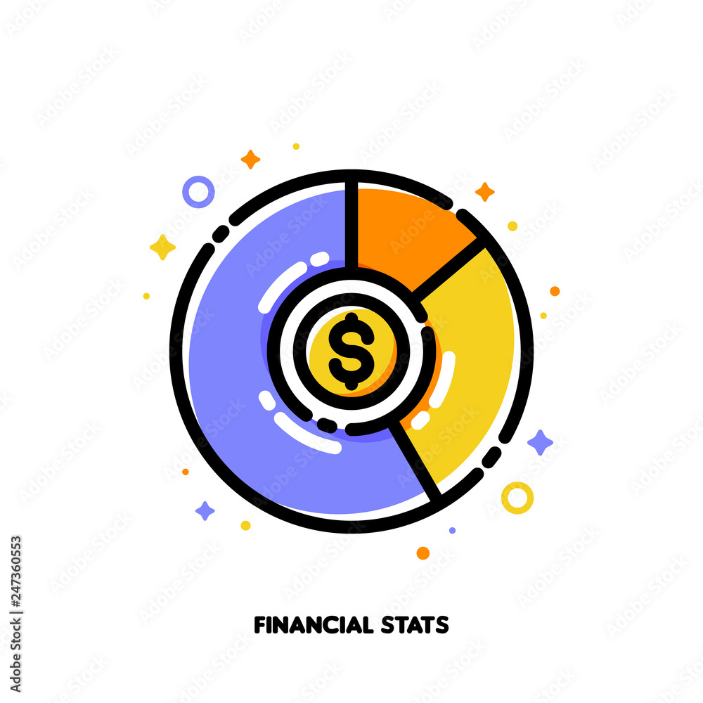 Icon of multicolor pie chart with golden dollar coin for financial stats or business analysis concept. Flat filled outline style. Pixel perfect 64x64. Editable stroke