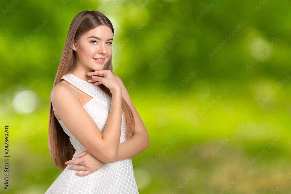 Smart blond lady wearing white dress Smart blond lady wearing white dress