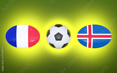 European Football Championship 2020. Schedule for football matches France - Iceland. Flags of countries and soccer ball. 3D illustration.