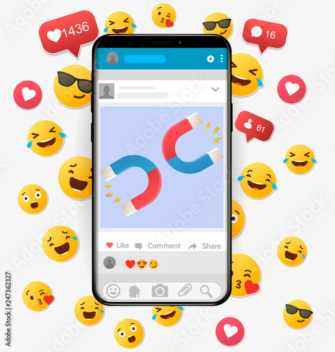 Influencer marketing concept with magnet. mobile app. Logo illustration. Eps10