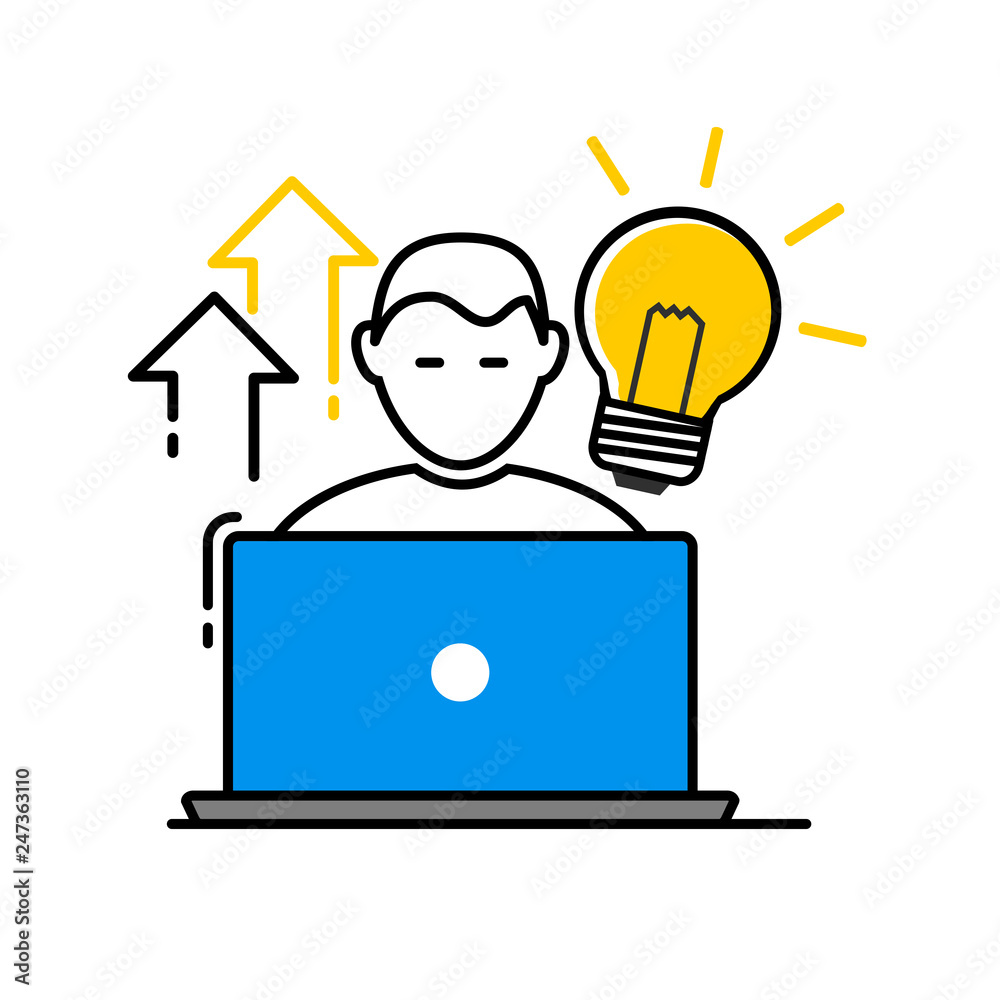 Vector icon, flat design of a freelancer with his laptop and a Light Bulb Vector icon, flat design of a freelancer with his laptop and a Light Bulb