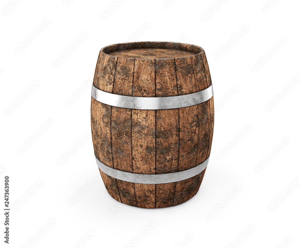 Wooden barrel with iron hoops isolated on white background. 3d rendering. Old barrel with rust on the hoops. Front view