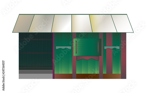 Vector illustration of wooden fairytale old green log cabin or garden shed with roof isolated on a white background.