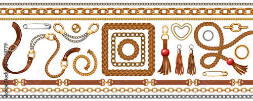 Set with belts and gold and silver chains, fringe for fabric design, wallpapers, prints. Isolated vector illustration with metallic accessories.