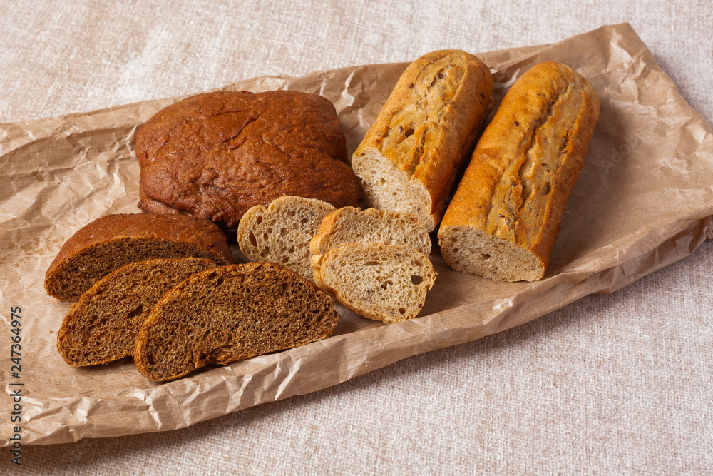 bread ciabatta slices food background brown paper canvas wheat bran graine yeast leaven