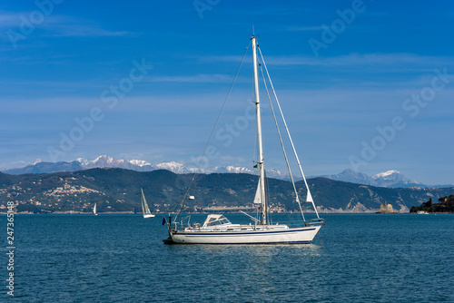 Sailboats in the Gulf of La Spezia in winter - Italy