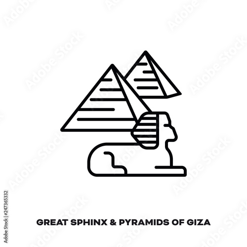 Great Sphinx and pyramids of Giza, Egypt, vector line icon.