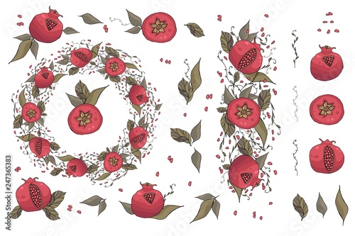 round with hand drawn pomegranates with leaves and seeds