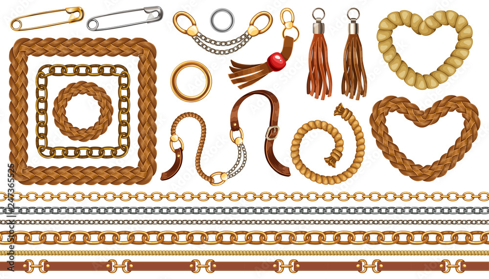 Set with belts and gold and silver chains, fringe for fabric design, wallpapers, prints. Isolated vector illustration with metallic accessories.