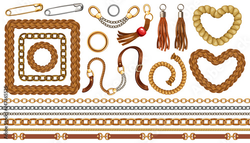 Set with belts and gold and silver chains, fringe for fabric design, wallpapers, prints. Isolated vector illustration with metallic accessories.
