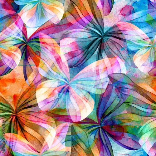 Seamless watercolor pattern of colorful butterflies on the background of watercolor blots.