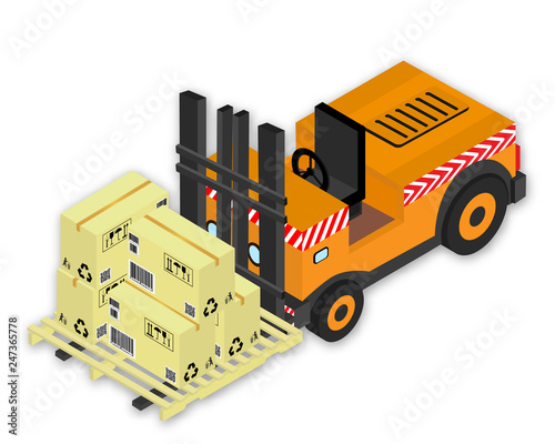 Vector drawing, forklift with set of a cardboards the boxes with marking and pallet