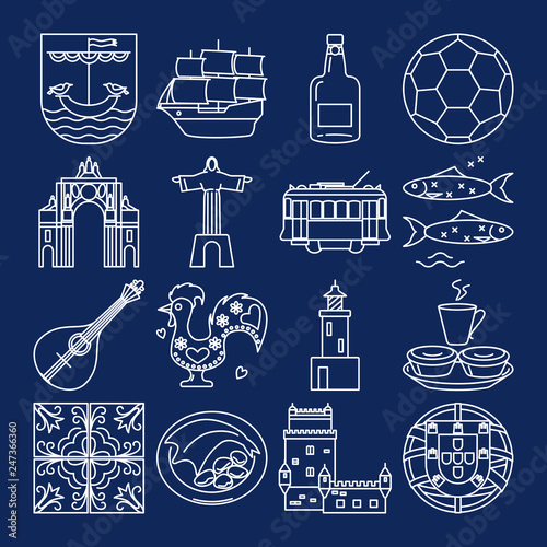 Portugal icons set in thin line style