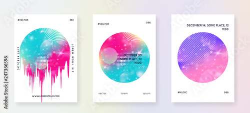 Music flyer. Fluid holographic gradient shape and line. Electronic sound. Night dance holiday. Bright invitation design set for trance event. Music flyer and poster for summer fest.