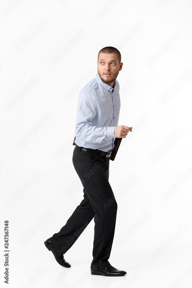 bearded businessman with leather case running on white background bearded businessman with leather case running on white background