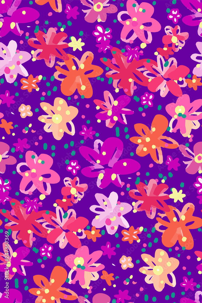 Obraz premium Colourful flowers seamless background pattern . Vector illustration hand drawn. spring summer season.