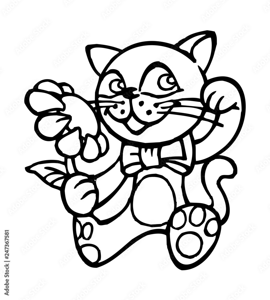 kitten with flower and ribbon on the neck, black and white icon kitten with flower and ribbon on the neck, black and white icon