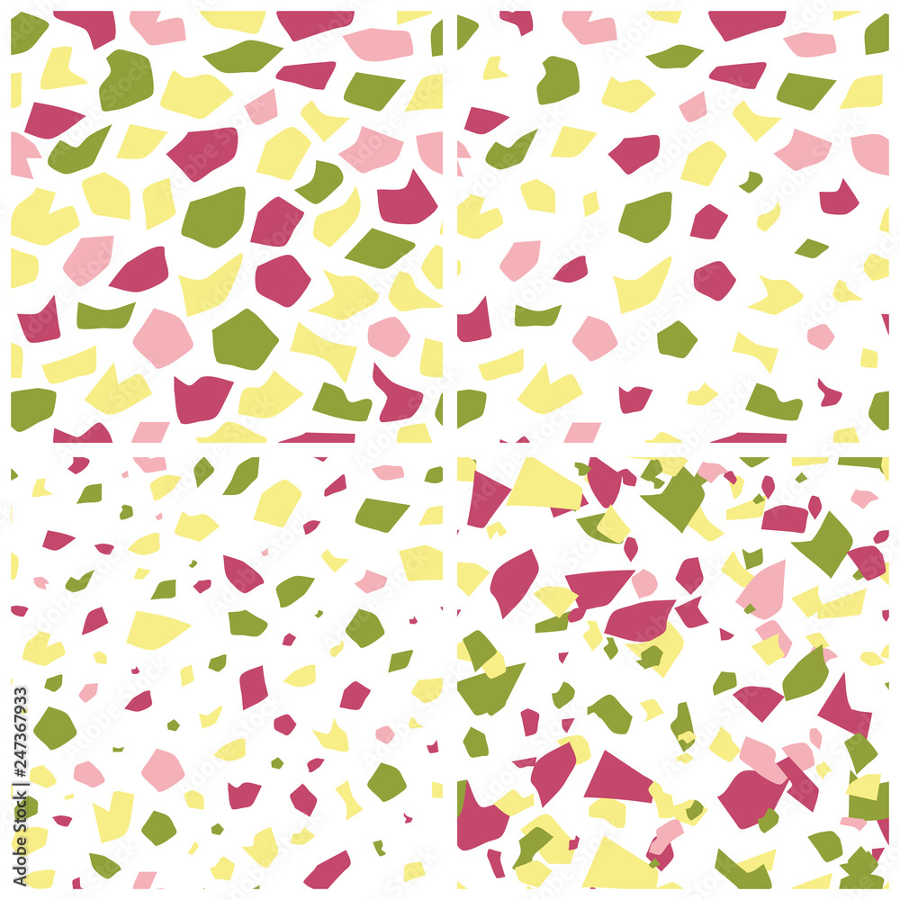Set of four seamless repeat patterns in terrazzo style. Mosaic seamless paper in green, pink, blue colors. Set of four seamless repeat patterns in terrazzo style. Mosaic seamless paper in green, pink, blue colors.