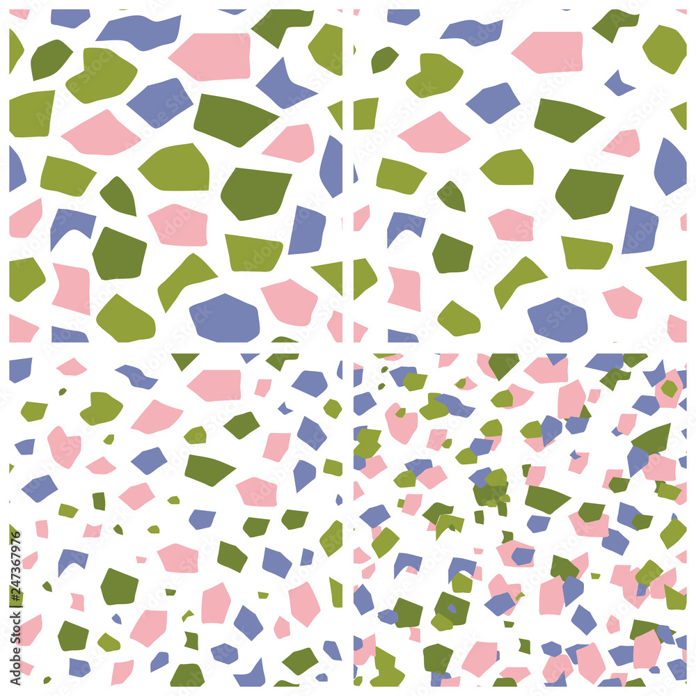 Set of four seamless repeat patterns in terrazzo style. Mosaic seamless paper in green, pink, blue colors. Set of four seamless repeat patterns in terrazzo style. Mosaic seamless paper in green, pink, blue colors.
